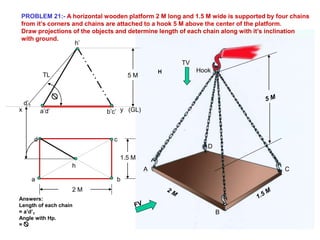 A
B
C
D
Hook
TV
PROBLEM 21:- A horizontal wooden platform 2 M long and 1.5 M wide is supported by four chains
from it’s corners and chains are attached to a hook 5 M above the center of the platform.
Draw projections of the objects and determine length of each chain along with it’s inclination
with ground.
H
(GL)
a b
c
d
h
a’d’ b’c’
h’
5 M
2 M
1.5 M
x y
TL
d’1
Answers:
Length of each chain
= a’d’1
Angle with Hp.
=
 