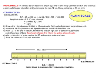 PROBLEM NO.2:- In a map a 36 km distance is shown by a line 45 cms long. Calculate the R.F. and construct
a plain scale to read kilometers and hectometers, for max. 12 km. Show a distance of 8.3 km on it.
CONSTRUCTION:-
a) Calculate R.F.
R.F.= 45 cm/ 36 km = 45/ 36 . 1000 . 100 = 1/ 80,000
Length of scale = R.F. max. distance
= 1/ 80000 12 km
= 15 cm
b) Draw a line 15 cm long and divide it in 12 equal parts. Each part will represent larger division unit.
c) Sub divide the first part which will represent second unit or fraction of first unit.
d) Place ( 0 ) at the end of first unit. Number the units on right side of Zero and subdivisions
on left-hand side of Zero. Take height of scale 5 to 10 mm for getting a look of scale.
e) After construction of scale mention it’s RF and name of scale as shown.
f) Show the distance 8.3 km on it as shown.
KILOMETERS
HECTOMETERS
8KM 3HM
R.F. = 1/80,000
PLANE SCALE SHOWING KILOMETERS AND HECTOMETERS
0 1 2 3 4 5 6 7 8 9 10 11
10 5
PLAIN SCALE
 