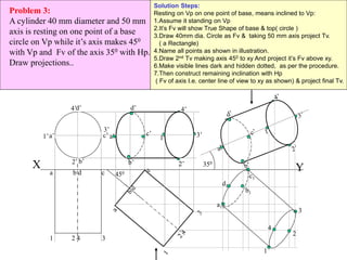 X Y
a b d c
1 2 4 3
a’
b’
c’
d’
1’
2’
3’
4’
450
4’
3’
2’
1’
d’
c’
b’
a’
350
a1
b1
c1
d1
1
2
3
4
Problem 3:
A cylinder 40 mm diameter and 50 mm
axis is resting on one point of a base
circle on Vp while it’s axis makes 450
with Vp and Fv of the axis 350 with Hp.
Draw projections..
Solution Steps:
Resting on Vp on one point of base, means inclined to Vp:
1.Assume it standing on Vp
2.It’s Fv will show True Shape of base & top( circle )
3.Draw 40mm dia. Circle as Fv & taking 50 mm axis project Tv.
( a Rectangle)
4.Name all points as shown in illustration.
5.Draw 2nd Tv making axis 450 to xy And project it’s Fv above xy.
6.Make visible lines dark and hidden dotted, as per the procedure.
7.Then construct remaining inclination with Hp
( Fv of axis I.e. center line of view to xy as shown) & project final Tv.
 