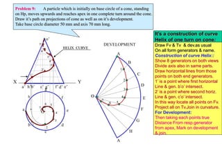 X Y
e’
a’ b’ d’
c’ g’ f’
h’
o’
h
a
b
c
d
e
g
f
O
DEVELOPMENT
A
B
C
D
E
F
A
G
H
O
1
2
3
4
6 5
7
1’
2’
3’
4’
5’
6’
7’
1
2
3
4
5
6
7
HELIX CURVE
Problem 9: A particle which is initially on base circle of a cone, standing
on Hp, moves upwards and reaches apex in one complete turn around the cone.
Draw it’s path on projections of cone as well as on it’s development.
Take base circle diameter 50 mm and axis 70 mm long.
It’s a construction of curve
Helix of one turn on cone:
Draw Fv & Tv & dev.as usual
On all form generators & name.
Construction of curve Helix::
Show 8 generators on both views
Divide axis also in same parts.
Draw horizontal lines from those
points on both end generators.
1’ is a point where first horizontal
Line & gen. b’o’ intersect.
2’ is a point where second horiz.
Line & gen. c’o’ intersect.
In this way locate all points on Fv.
Project all on Tv.Join in curvature.
For Development:
Then taking each points true
Distance From resp.generator
from apex, Mark on development
& join.
 