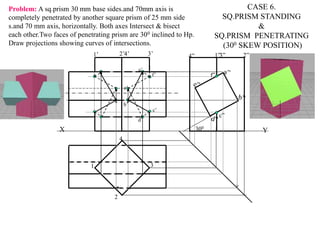 X Y
1
2
3
4
1’ 2’4’ 3’ 4” 1”3” 2”
300
c”
f”
a’
f’
c’
d’
b’
e’
CASE 6.
SQ.PRISM STANDING
&
SQ.PRISM PENETRATING
(300 SKEW POSITION)
Problem: A sq.prism 30 mm base sides.and 70mm axis is
completely penetrated by another square prism of 25 mm side
s.and 70 mm axis, horizontally. Both axes Intersect & bisect
each other.Two faces of penetrating prism are 300 inclined to Hp.
Draw projections showing curves of intersections.
 