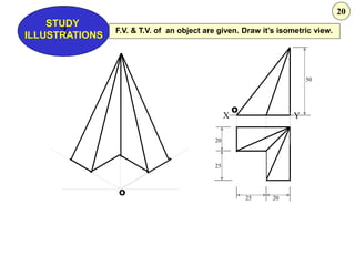 Z
STUDY
ILLUSTRATIONS
X Y
50
20
25
25 20
O
O
F.V. & T.V. of an object are given. Draw it’s isometric view.
20
 