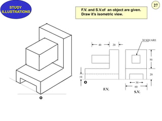 40 20
30 SQUARE
20
50
60
30
10
F.V.
S.V.
O
O
F.V. and S.V.of an object are given.
Draw it’s isometric view.
Z
STUDY
ILLUSTRATIONS
27
 
