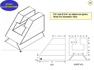 Y
X
F.V. LEFT S.V.
30 20 20
10
15
15
15
30
50
10
15
O
O
F.V. and S.V.of an object are given.
Draw it’s isometric view.
Z
STUDY
ILLUSTRATIONS
37
 