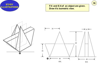 30
40
10
60
30
40
F.V. S.V.
O
O
F.V. and S.V.of an object are given.
Draw it’s isometric view.
Z
STUDY
ILLUSTRATIONS
38
 