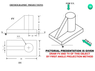 50
80
10
30 D
TV
O
FOR T.V.
PICTORIAL PRESENTATION IS GIVEN
DRAW FV AND TV OF THIS OBJECT
BY FIRST ANGLE PROJECTION METHOD
18
ORTHOGRAPHIC PROJECTIONS
40
10
45
FV
O
X Y
 
