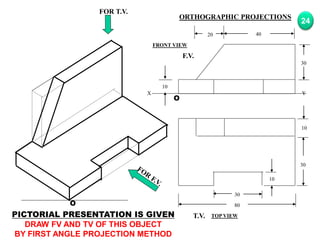 O
10
30
10
80
30
T.V.
O
10
30
40
20
F.V.
X Y
FOR T.V.
PICTORIAL PRESENTATION IS GIVEN
DRAW FV AND TV OF THIS OBJECT
BY FIRST ANGLE PROJECTION METHOD
24
ORTHOGRAPHIC PROJECTIONS
FRONT VIEW
TOP VIEW
 