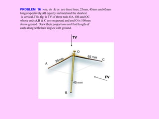 PROBLEM 16 :- oa, ob & oc are three lines, 25mm, 45mm and 65mm
long respectively.All equally inclined and the shortest
is vertical.This fig. is TV of three rods OA, OB and OC
whose ends A,B & C are on ground and end O is 100mm
above ground. Draw their projections and find length of
each along with their angles with ground.
45 mm
A
B
C
O
FV
TV
 