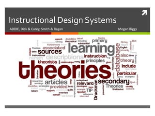 
Instructional Design Systems
ADDIE, Dick & Carey, Smith & Ragan Megan Biggs
 
