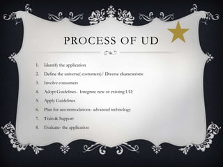 PROCESS OF UD
1.

Identify the application

2.

Define the universe( costumers)/ Diverse characteristic

3.

Involve consumers

4.

Adopt Guidelines- Integrate new or existing UD

5.

Apply Guidelines

6.

Plan for accommodations- advanced technology

7.

Train & Support

8.

Evaluate- the application

 