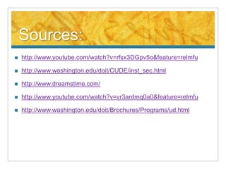 Sources:
   http://www.youtube.com/watch?v=rfsx3DGpv5o&feature=relmfu

   http://www.washington.edu/doit/CUDE/inst_sec.html

   http://www.dreamstime.com/

   http://www.youtube.com/watch?v=vr3ardmq0a0&feature=relmfu

   http://www.washington.edu/doit/Brochures/Programs/ud.html
 