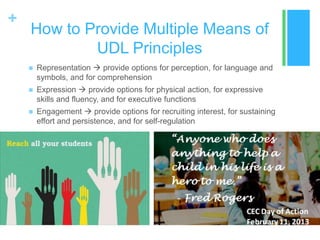 +
    How to Provide Multiple Means of
            UDL Principles
       Representation  provide options for perception, for language and
        symbols, and for comprehension
       Expression  provide options for physical action, for expressive
        skills and fluency, and for executive functions
       Engagement  provide options for recruiting interest, for sustaining
        effort and persistence, and for self-regulation
 