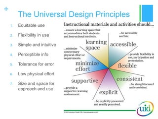 +
         The Universal Design Principles
    1.   Equitable use

    2.   Flexibility in use

    3.   Simple and intuitive

    4.   Perceptible info

    5.   Tolerance for error

    6.   Low physical effort

    7.   Size and space for
         approach and use
 