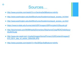 +
                                Sources…
       http://www.youtube.com/watch?v=vr3ardmq0a0&feature=relmfu

       http://www.washington.edu/doit/Brochures/Academics/equal_access_hrl.html

       http://www.washington.edu/doit/Brochures/Academics/equal_access_so.html

       https://www.k-state.edu/humec/atid/UDF/images/UDPrinciples%20quote.gif

       http://teacherweb.com/IN/MtHealtyElementary/StephanieCraig/REACHallofyour
        students.jpg

       http://www.cec.sped.org/~/media/Images/Home/Primary%20Content/Images/2
        013_0211_day_of_action_550x309.JPG

       http://www.youtube.com/watch?v=rfsx3DGpv5o&feature=relmfu
 