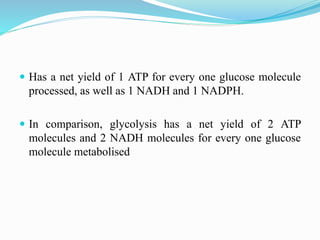  Has a net yield of 1 ATP for every one glucose molecule
processed, as well as 1 NADH and 1 NADPH.
 In comparison, glycolysis has a net yield of 2 ATP
molecules and 2 NADH molecules for every one glucose
molecule metabolised
 