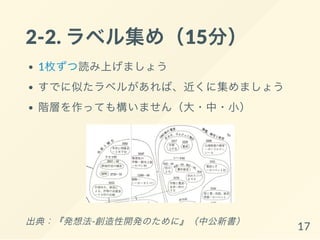 2-2. ラベル集め（15分）
1枚ずつ読み上げましょう
すでに似たラベルがあれば、近くに集めましょう
階層を作っても構いません（大・中・小）
出典：『発想法-創造性開発のために』（中公新書）
17
 