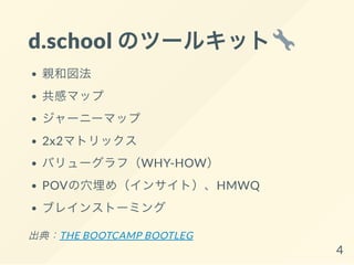 d.school のツールキット
親和図法
共感マップ
ジャーニーマップ
2x2マトリックス
バリューグラフ（WHY-HOW）
POVの穴埋め（インサイト）、HMWQ
ブレインストーミング
出典：THE BOOTCAMP BOOTLEG
4
 