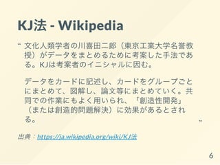 KJ法- Wikipedia
出典：https://ja.wikipedia.org/wiki/KJ法
文化人類学者の川喜田二郎（東京工業大学名誉教
授）がデータをまとめるために考案した手法であ
る。KJは考案者のイニシャルに因む。
データをカードに記述し、カードをグループごと
にまとめて、図解し、論文等にまとめていく。共
同での作業にもよく用いられ、「創造性開発」
（または創造的問題解決）に効果があるとされ
る。
“
“
6
 