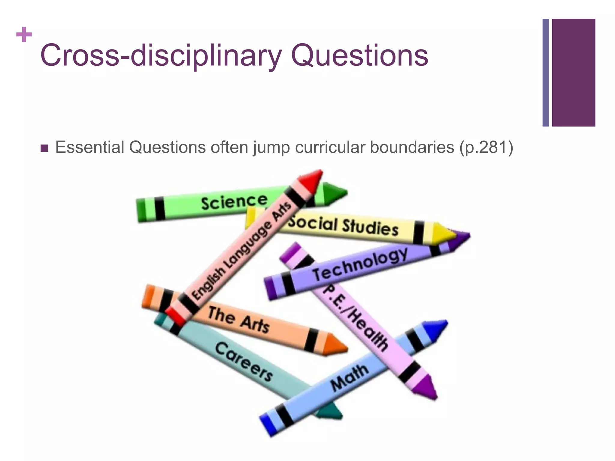 +

Cross-disciplinary Questions


Essential Questions often jump curricular boundaries (p.281)

 