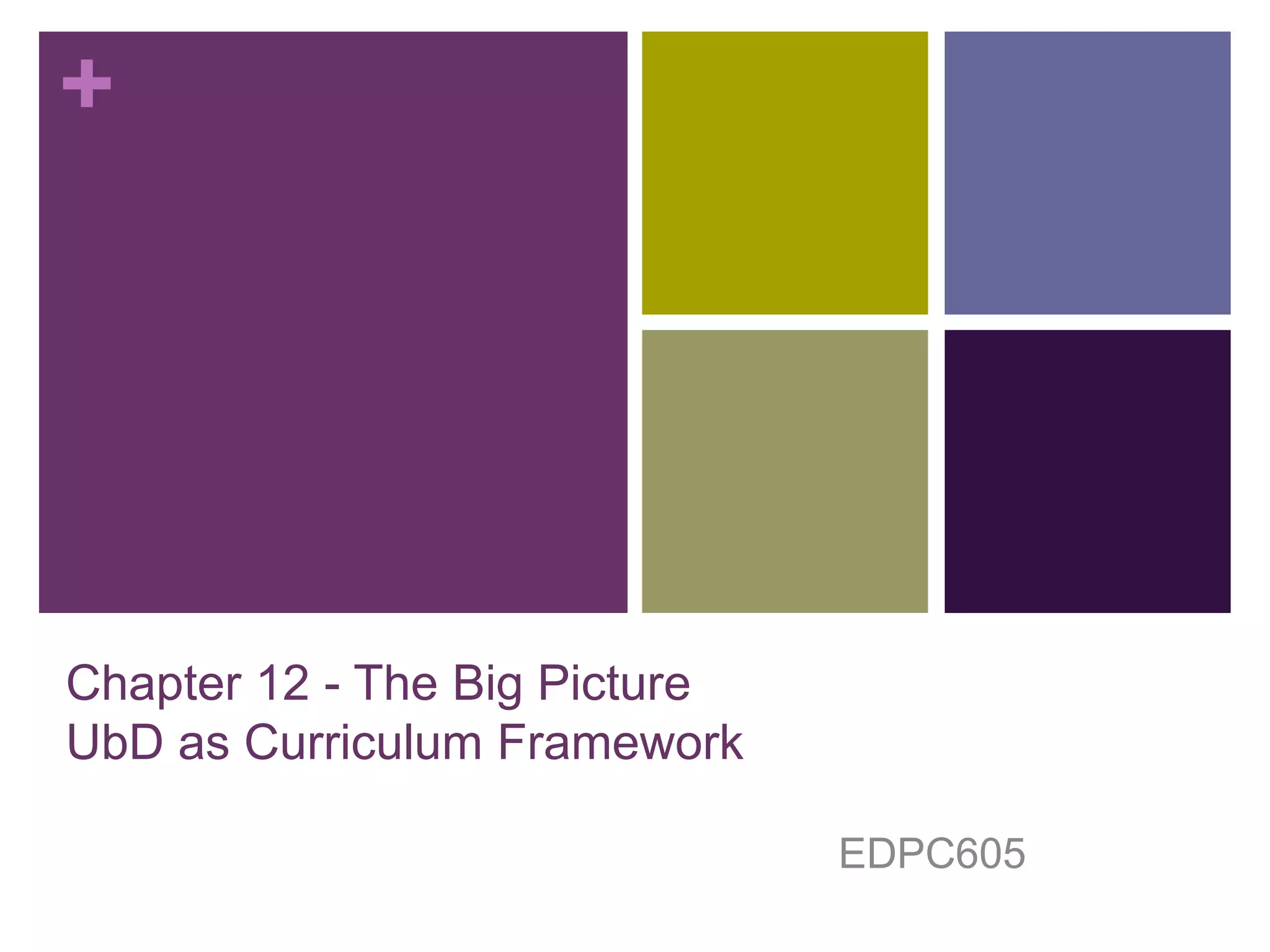 +

Chapter 12 - The Big Picture
UbD as Curriculum Framework
EDPC605

 