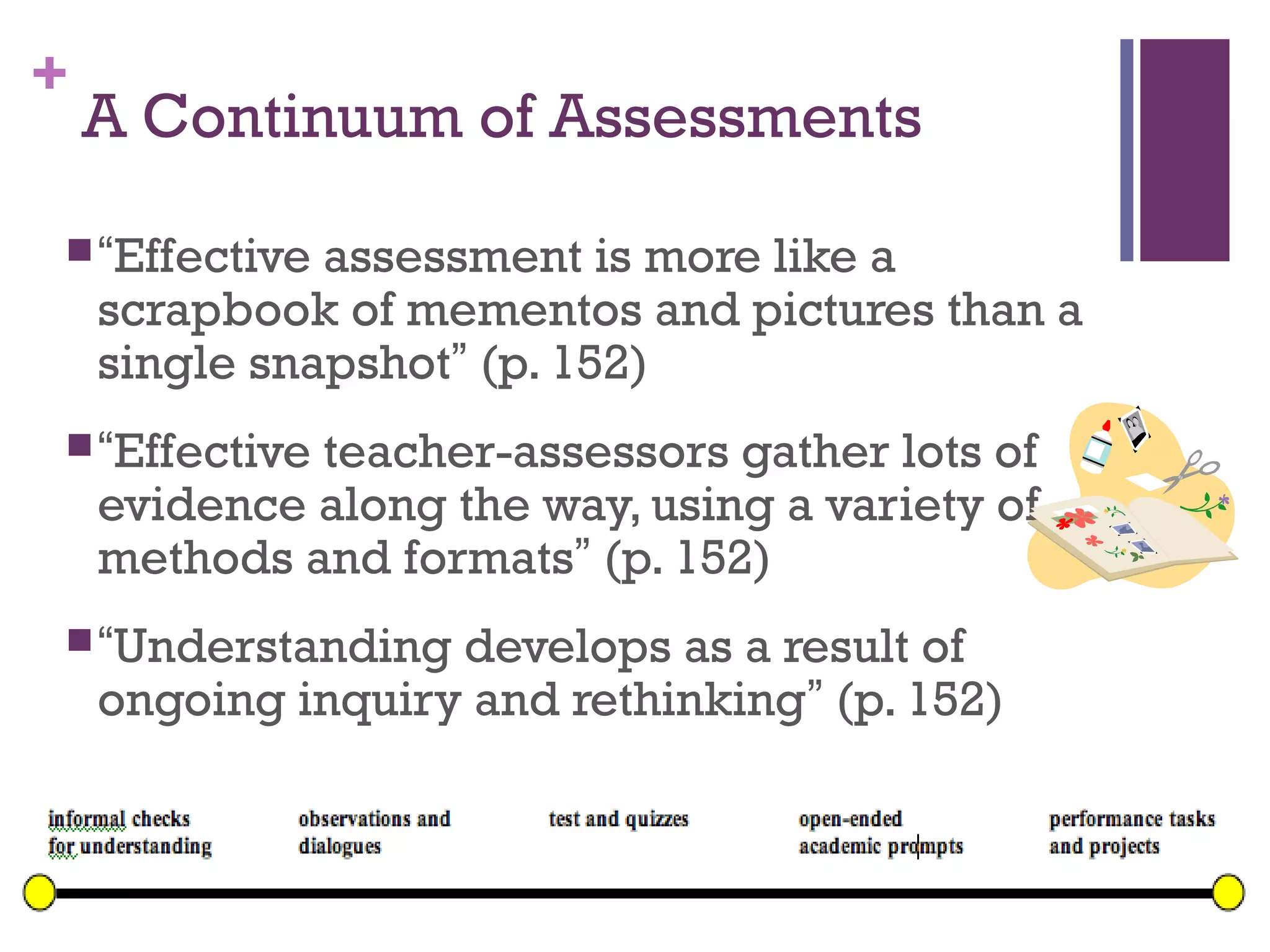 +
    A Continuum of Assessments
 “Effective  assessment is more like a
    scrapbook of mementos and pictures than a
    single snapshot” (p. 152)
 “Effective teacher-assessors gather lots of
    evidence along the way, using a variety of
    methods and formats” (p. 152)
 “Understanding   develops as a result of
    ongoing inquiry and rethinking” (p. 152)
 