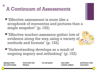 +
    A Continuum of Assessments
 “Effective  assessment is more like a
    scrapbook of mementos and pictures than a
    single snapshot” (p. 152)
 “Effective teacher-assessors gather lots of
    evidence along the way, using a variety of
    methods and formats” (p. 152)
 “Understanding   develops as a result of
    ongoing inquiry and rethinking” (p. 152)
 