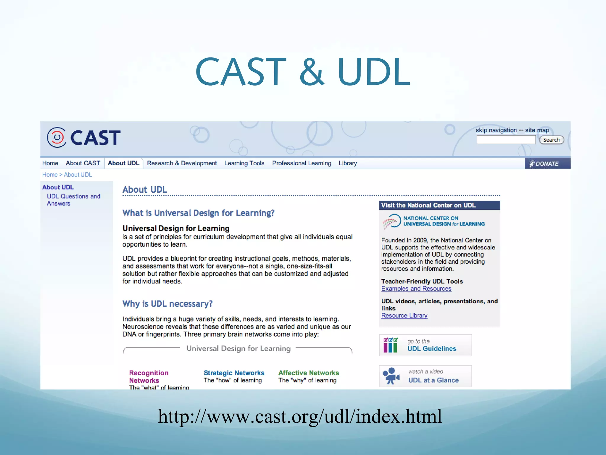 CAST & UDL

http://www.cast.org/udl/index.html

 