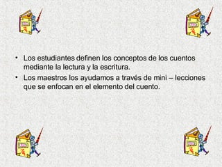 Los estudiantes definen los conceptos de los cuentos mediante la lectura y la escritura. Los maestros los ayudamos a través de mini – lecciones que se enfocan en el elemento del cuento. 