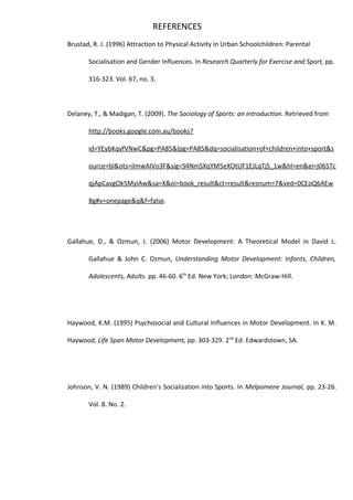 REFERENCES
Brustad, R. J. (1996) Attraction to Physical Activity in Urban Schoolchildren: Parental

       Socialisation and Gender Influences. In Research Quarterly for Exercise and Sport, pp.

       316-323. Vol. 67, no. 3.



Delaney, T., & Madigan, T. (2009). The Sociology of Sports: an introduction. Retrieved from

       http://books.google.com.au/books?

       id=YEybKqyfVNwC&pg=PA85&lpg=PA85&dq=socialisation+of+children+into+sport&s

       ource=bl&ots=ilmwAIVo3F&sig=S4NmSXqYM5eXOtUF1EJLqTjS_1w&hl=en&ei=j065Tc

       qjApCavgOk5MyiAw&sa=X&oi=book_result&ct=result&resnum=7&ved=0CEoQ6AEw

       Bg#v=onepage&q&f=false.




Gallahue, D., & Ozmun, J. (2006) Motor Development: A Theoretical Model in David L.

       Gallahue & John C. Ozmun, Understanding Motor Development: Infants, Children,

       Adolescents, Adults. pp. 46-60. 6th Ed. New York; London: McGraw-Hill.




Haywood, K.M. (1995) Psychosocial and Cultural Influences in Motor Development. In K. M.

Haywood, Life Span Motor Development, pp. 303-329. 2nd Ed. Edwardstown, SA.




Johnson, V. N. (1989) Children’s Socialization into Sports. In Melpomene Journal, pp. 23-26.

       Vol. 8. No. 2.
 