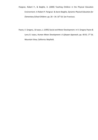 Pangrazi, Robert P., & Beighle, A. (2009) Teaching Children in the Physical Education

       Environment. In Robert P. Pangrazi & Aaron Beighle, Dynamic Physical Education for

       Elementary School Children. pp. 20 – 34. 16th Ed. San Francisco.




Payne, V. Gregory., & Isaacs, L. (1995) Social and Motor Development. In V. Gregory Payne &

       Larry D. Isaacs, Human Motor Development: A Lifespan Approach, pp. 40-61. 3rd Ed.

       Mountain View, California: Mayfield.
 