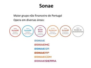 Sonae
Maior grupo não financeiro de Portugal
Opera em diversas áreas:
 