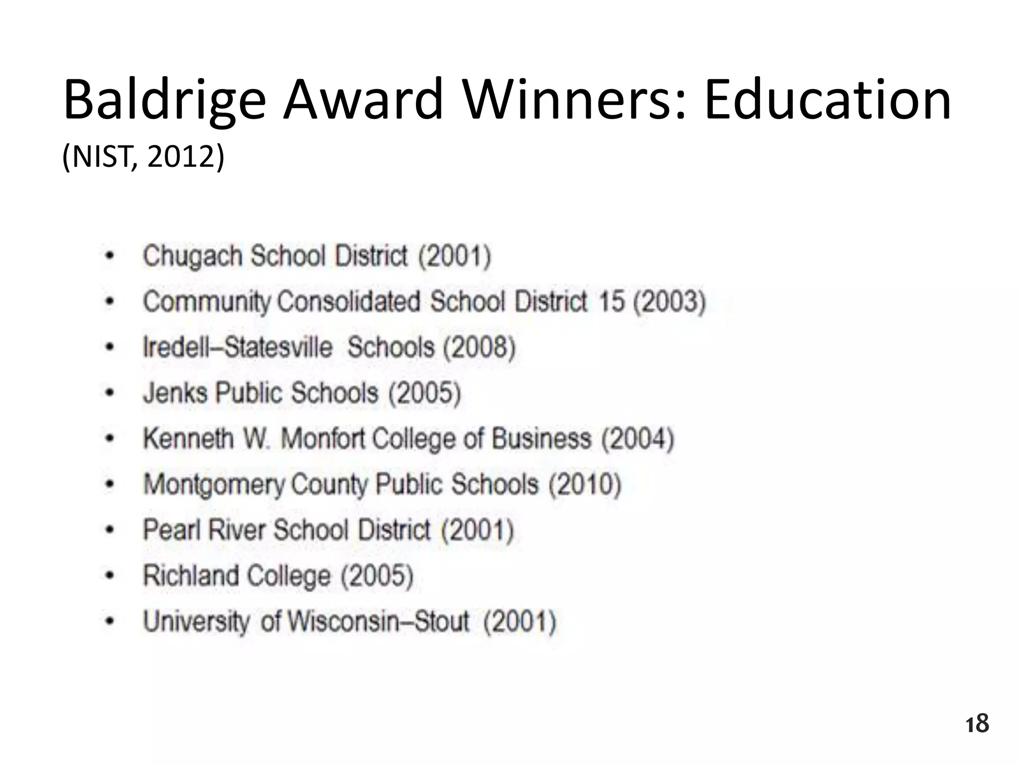 Baldrige Award Winners: Education
(NIST, 2012)
18
 