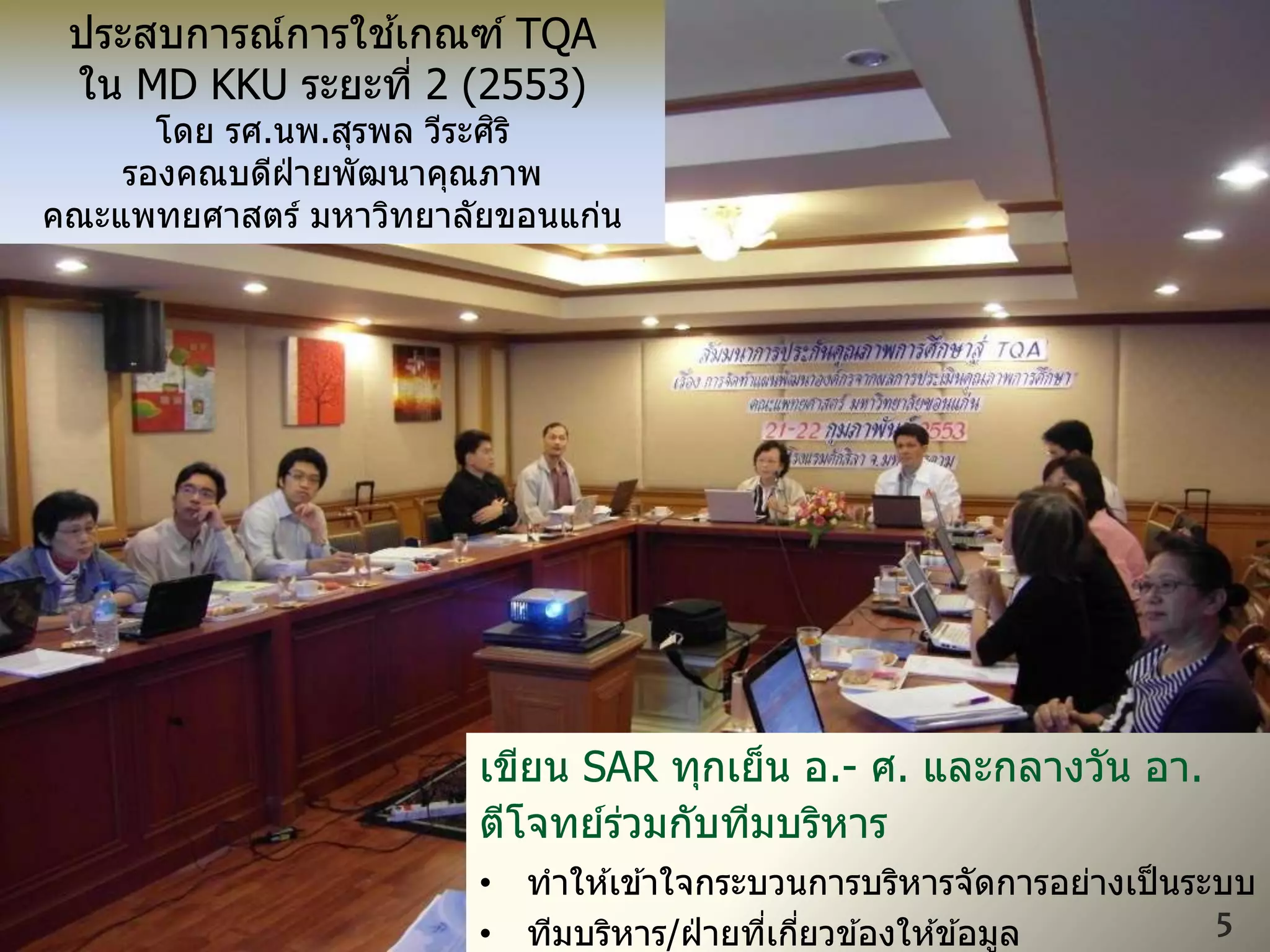 เขียน SAR ทุกเย็น อ.- ศ. และกลางวัน อา.
ตีโจทย์ร่วมกับทีมบริหาร
• ทาให ้เข ้าใจกระบวนการบริหารจัดการอย่างเป็นระบบ
• ทีมบริหาร/ฝ่ ายที่เกี่ยวข ้องให ้ข ้อมูล
ประสบการณ์การใช ้เกณฑ์ TQA
ใน MD KKU ระยะที่ 2 (2553)
โดย รศ.นพ.สุรพล วีระศิริ
รองคณบดีฝ่ ายพัฒนาคุณภาพ
คณะแพทยศาสตร์ มหาวิทยาลัยขอนแก่น
5
 
