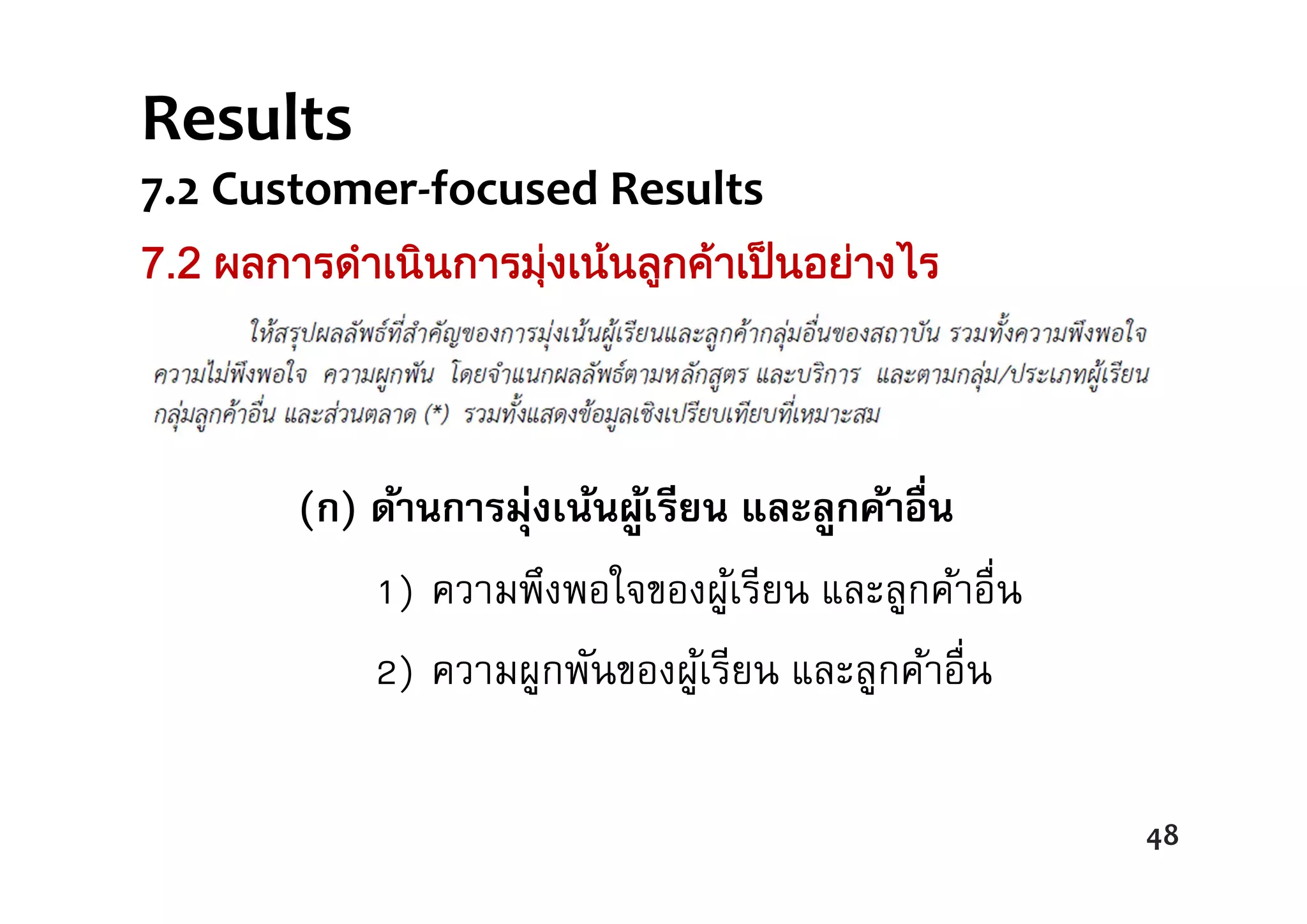 (ก) ด้านการมุ่งเน้นผู้เรียน และลูกค้าอื่น
1) ความพึงพอใจของผู้เรียน และลูกค้าอื่น
2) ความผูกพันของผู้เรียน และลูกค้าอื่น
7.2 ผลการดําเนินการมุงเนนลูกคาเปนอยางไร
48
Results  
7.2 Customer‐focused Results
48
 
