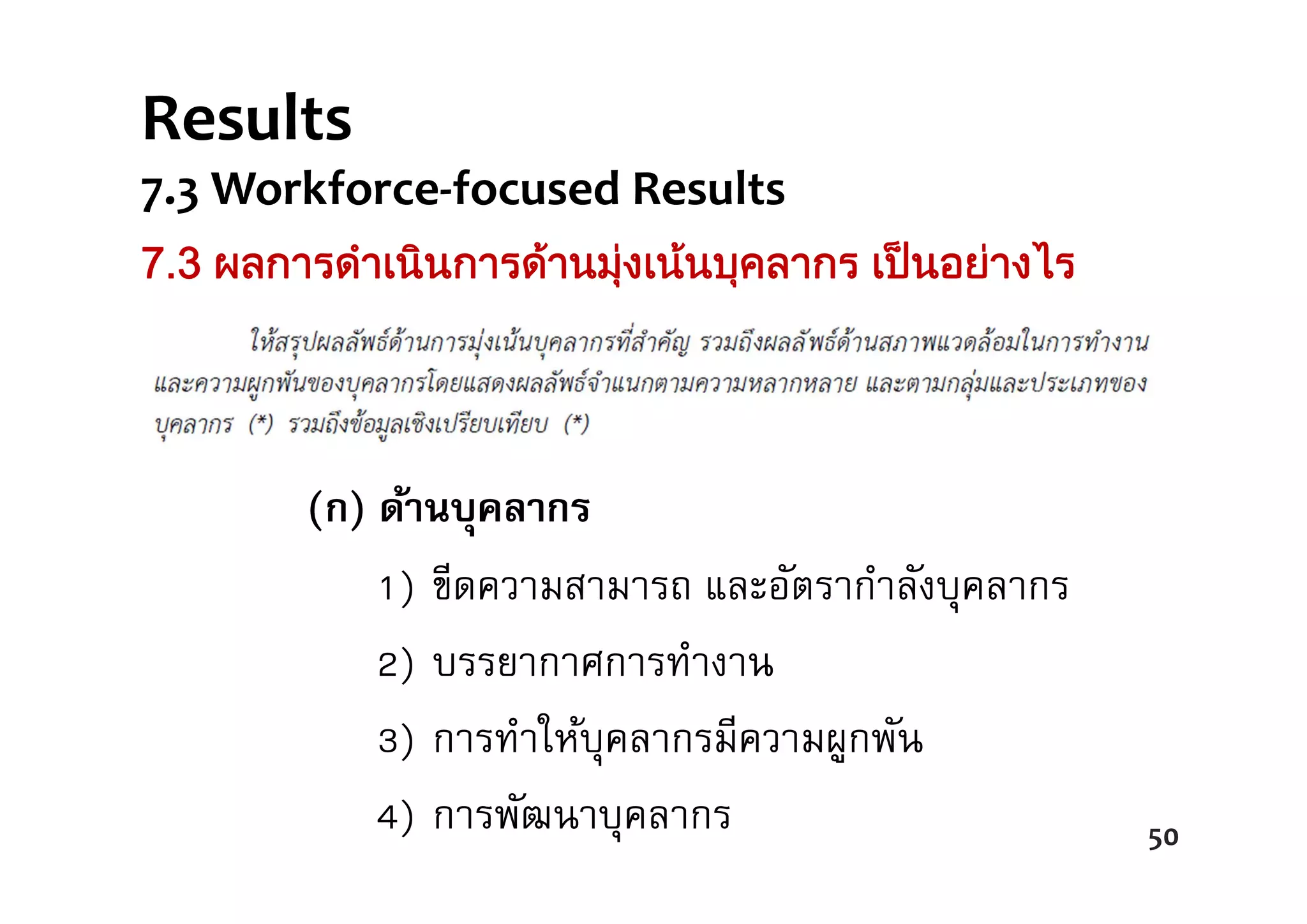 (ก) ด้านบุคลากร
1) ขีดความสามารถ และอัตรากําลังบุคลากร
2) บรรยากาศการทํางาน
3) การทําให้บุคลากรมีความผูกพัน
4) การพัฒนาบุคลากร
7.3 ผลการดําเนินการดานมุงเนนบุคลากร เปนอยางไร
50
Results  
7.3 Workforce‐focused Results
50
 