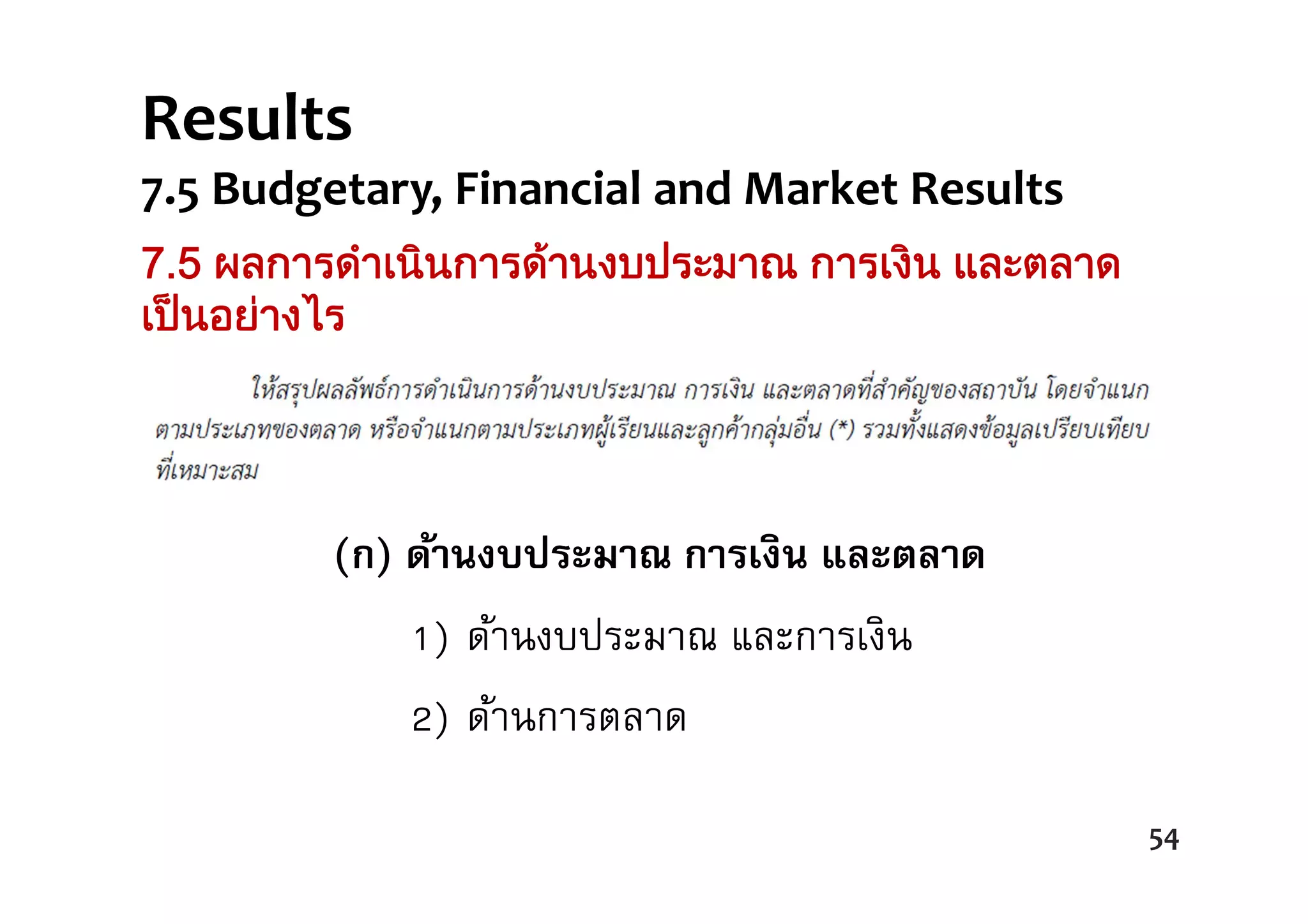 (ก) ด้านงบประมาณ การเงิน และตลาด
1) ด้านงบประมาณ และการเงิน
2) ด้านการตลาด
7.5 ผลการดําเนินการดานงบประมาณ การเงิน และตลาด
เปนอยางไร
Results  
7.5 Budgetary, Financial and Market Results
54
 