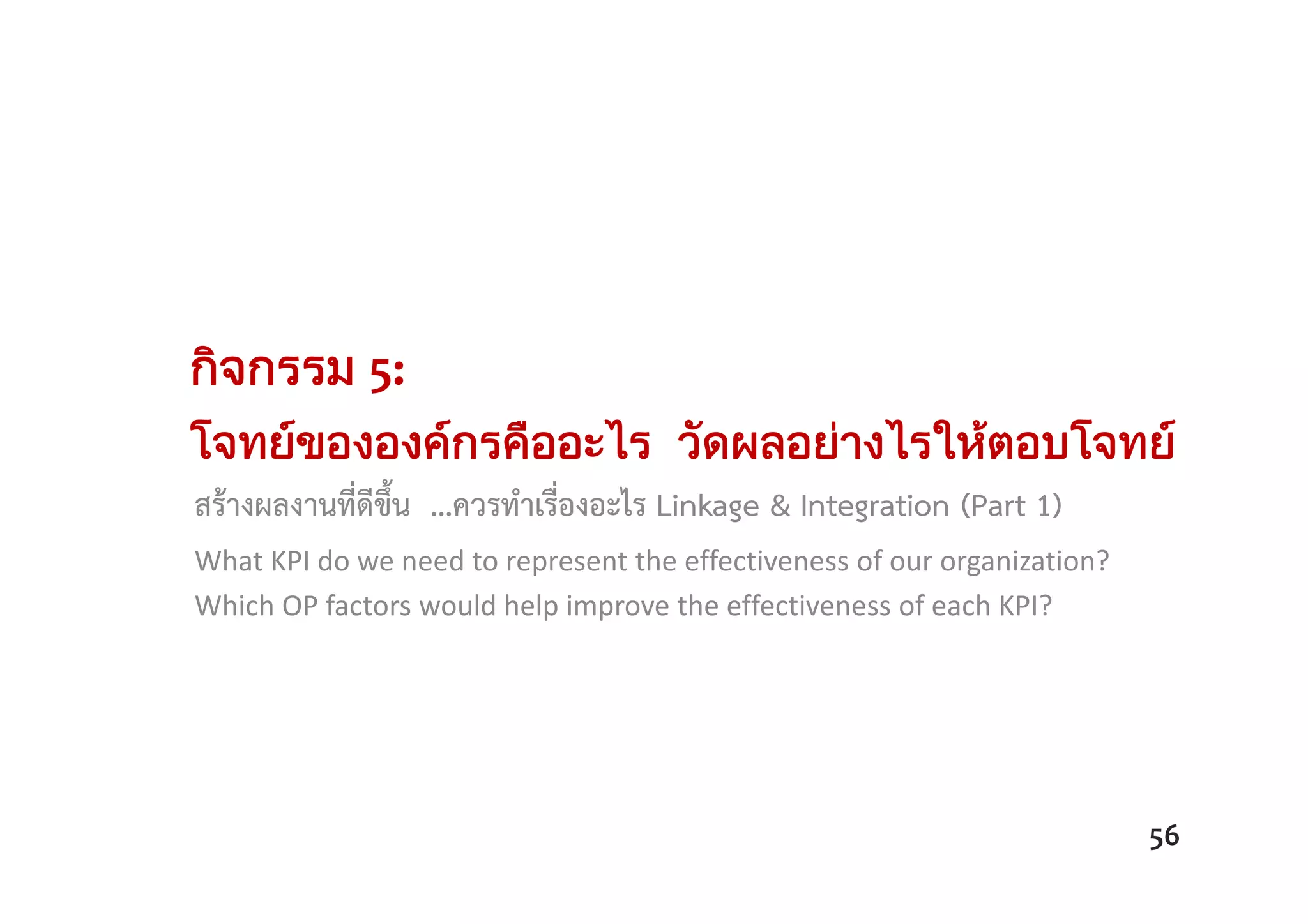 กิจกรรม 5: 
โจทยขององคกรคืออะไร วัดผลอยางไรใหตอบโจทย
56
สร้างผลงานที่ดีขึ้น ...ควรทําเรื่องอะไร Linkage & Integration (Part 1)
What KPI do we need to represent the effectiveness of our organization?
Which OP factors would help improve the effectiveness of each KPI?
 