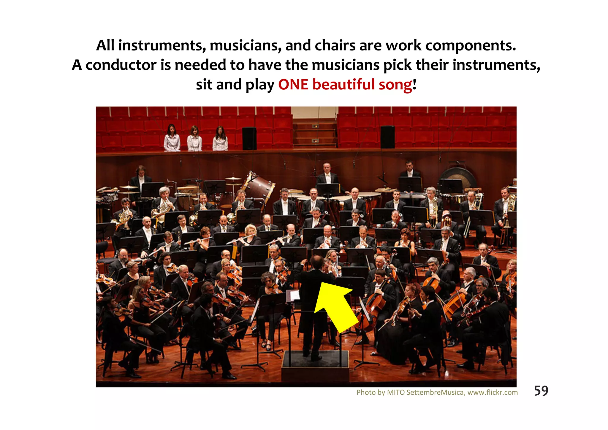 All instruments, musicians, and chairs are work components. 
A conductor is needed to have the musicians pick their instruments, 
sit and play ONE beautiful song!
Photo by MITO SettembreMusica, www.flickr.com 59
 
