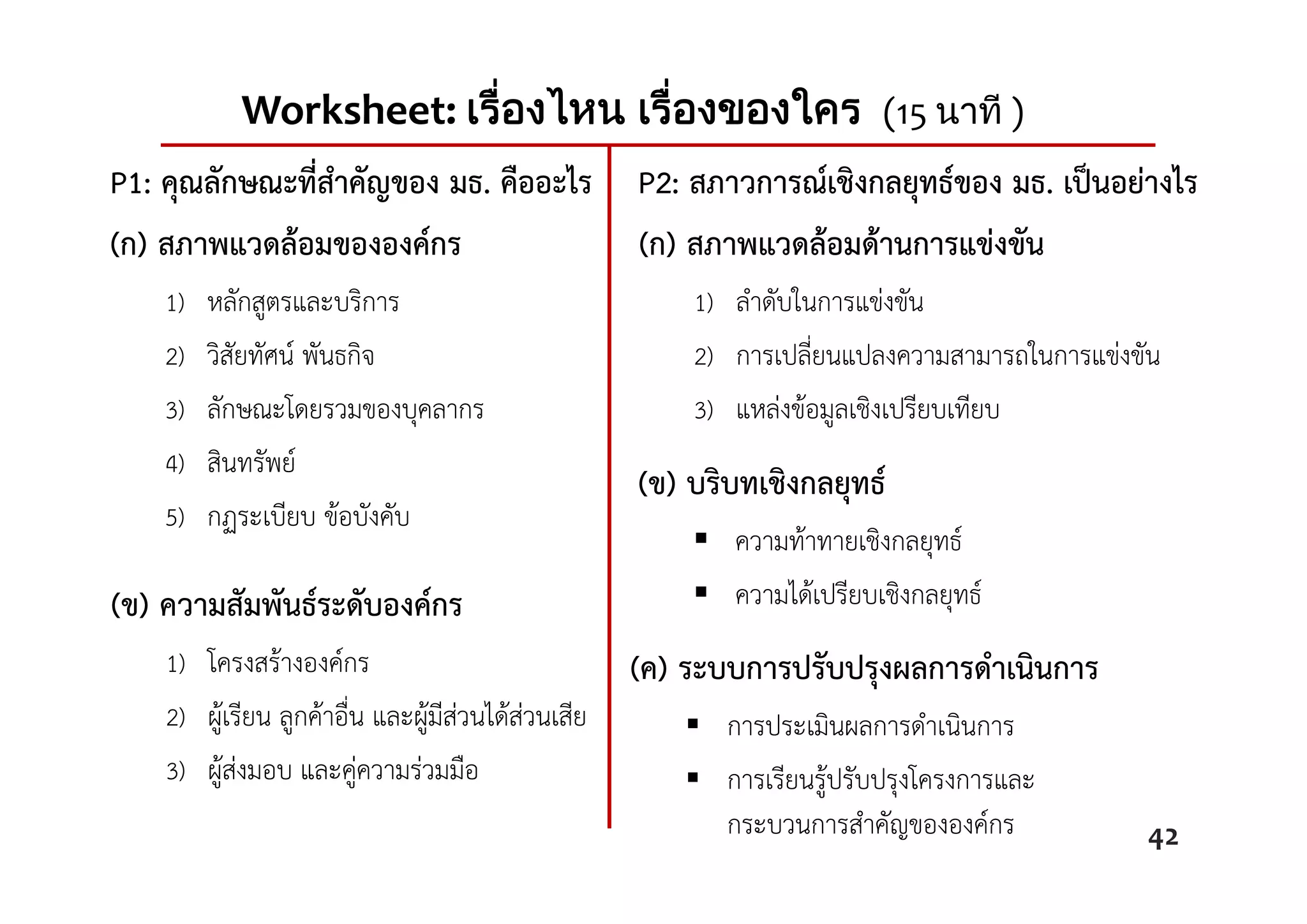 Worksheet: เรื่องไหน เรื่องของใคร (15 นาที )
P1: คุณลักษณะที่สําคัญของ มธ. คืออะไร
42
(ก) สภาพแวดล้อมขององค์กร
1) หลักสูตรและบริการ
2) วิสัยทัศน์ พันธกิจ
3) ลักษณะโดยรวมของบุคลากร
4) สินทรัพย์
5) กฏระเบียบ ข้อบังคับ
(ข) ความสัมพันธ์ระดับองค์กร
1) โครงสร้างองค์กร
2) ผู้เรียน ลูกค้าอื่น และผู้มีส่วนได้ส่วนเสีย
3) ผู้ส่งมอบ และคู่ความร่วมมือ
P2: สภาวการณ์เชิงกลยุทธ์ของ มธ. เป็นอย่างไร
(ก) สภาพแวดล้อมด้านการแข่งขัน
1) ลําดับในการแข่งขัน
2) การเปลี่ยนแปลงความสามารถในการแข่งขัน
3) แหล่งข้อมูลเชิงเปรียบเทียบ
(ข) บริบทเชิงกลยุทธ์
 ความท้าทายเชิงกลยุทธ์
 ความได้เปรียบเชิงกลยุทธ์
(ค) ระบบการปรับปรุงผลการดําเนินการ
 การประเมินผลการดําเนินการ
 การเรียนรู้ปรับปรุงโครงการและ
กระบวนการสําคัญขององค์กร
 