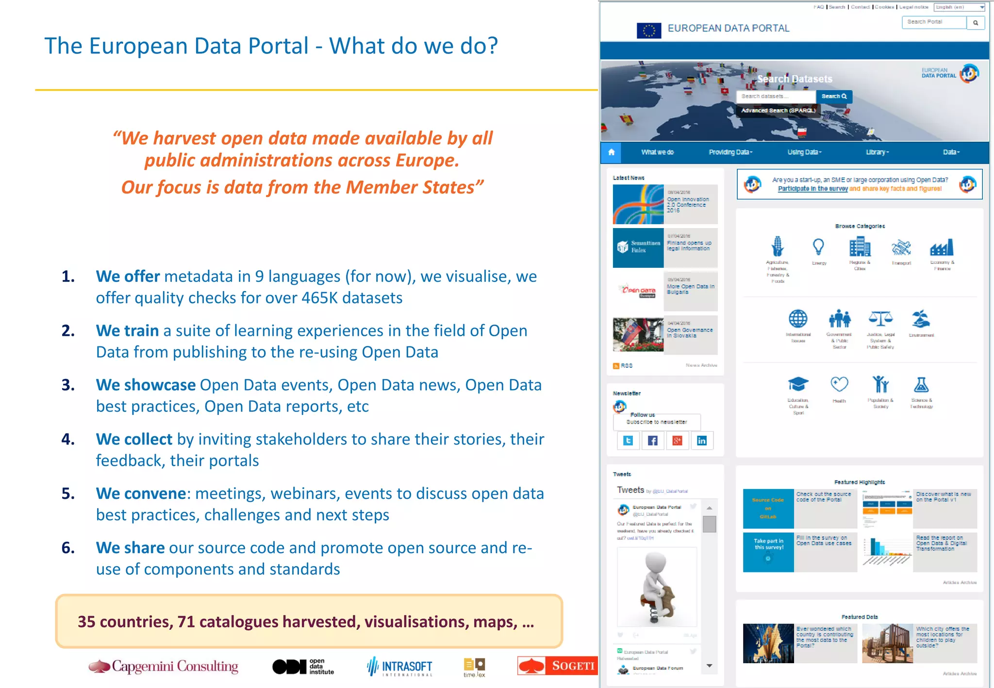 The European Data Portal - What do we do?
1. We offer metadata in 9 languages (for now), we visualise, we
offer quality checks for over 465K datasets
2. We train a suite of learning experiences in the field of Open
Data from publishing to the re-using Open Data
3. We showcase Open Data events, Open Data news, Open Data
best practices, Open Data reports, etc
4. We collect by inviting stakeholders to share their stories, their
feedback, their portals
5. We convene: meetings, webinars, events to discuss open data
best practices, challenges and next steps
6. We share our source code and promote open source and re-
use of components and standards
“We harvest open data made available by all
public administrations across Europe.
Our focus is data from the Member States”
35 countries, 71 catalogues harvested, visualisations, maps, …
 