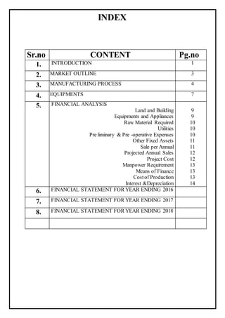 INDEX
Sr.no CONTENT Pg.no
1. INTRODUCTION 1
2. MARKET OUTLINE 3
3. MANUFACTURING PROCESS 4
4. EQUIPMENTS 7
5. FINANCIAL ANALYSIS
Land and Building
Equipments and Appliances
Raw Material Required
Utilities
Pre liminary & Pre -operative Expenses
Other Fixed Assets
Sale per Annual
Projected Annual Sales
Project Cost
Manpower Requirement
Means of Finance
Costof Production
Interest &Depreciation
9
9
10
10
10
11
11
12
12
13
13
13
14
6. FINANCIAL STATEMENT FOR YEAR ENDING 2016
7. FINANCIAL STATEMENT FOR YEAR ENDING 2017
8. FINANCIAL STATEMENT FOR YEAR ENDING 2018
 