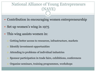National Alliance of Young Entrepreneurs
(NAYE)
 Contribution in encouraging women entrepreneurship
 Set up women’s wing in 1975
 This wing assists women in:


Getting better access to resources, infrastructure, markets



Identify investment opportunities



Attending to problems of individual industries



Sponsor participation in trade fairs, exhibitions, conferences



Organise seminars, training programmes, workshops

 