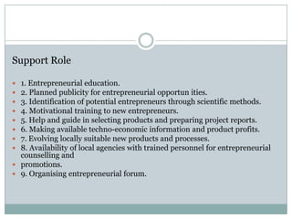 Support Role
1. Entrepreneurial education.
2. Planned publicity for entrepreneurial opportun ities.
3. Identification of potential entrepreneurs through scientific methods.
4. Motivational training to new entrepreneurs.
5. Help and guide in selecting products and preparing project reports.
6. Making available techno-economic information and product profits.
7. Evolving locally suitable new products and processes.
8. Availability of local agencies with trained personnel for entrepreneurial
counselling and
 promotions.
 9. Organising entrepreneurial forum.









 