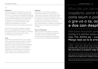 EDP MANUAL DA MARCA                                                                                                                         2. ELEMENTOS BÁSICOS                 |   25




                                                                                                            Mas de um ae m
2.9.1.                                                                                               30 
                                                                                                       pt



Espessuras                                           Legendas
A família tipográfica EDP Preon foi criada com
cinco (5) espessuras – Medium, Regular, Light,
Thin e Hair – permitindo uma elevada flexibilidade
                                                     A EDP Preon é uma família tipográfica
                                                     extremamente legível e pode suportar um
                                                     corpo de letra reduzido. Por essa razão pode
                                                                                                            cogebria, pona te
na sua utilização. Apesar de diferentes aplicações
requererem diferentes estruturas tipográficas
                                                     ser utilizada facilmente em legendas, tanto
                                                     em maiúsculas como em minúsculas. Contudo,
                                                                                                            cons Wum a por
                                                                                                            a gre va a te, ac
na espessura, normalmente quanto maior a             de referir que a EDP Preon não deve ser
espessura, mais ‘amigável’ e próxima será            utilizada abaixo dos 4 pontos no corpo de
percecionada. Espessuras mais finas                  letra. Recomendamos a utilização da espessura
transmitem um tom mais refinado e sofisticado.       ‘Regular’ para um corpo de letra abaixo dos
                                                     6 pontos.
                                                                                                     20 
                                                                                                       pt
                                                                                                            e dos con despít
Nota: Quanto mais fina a espessura da letra,
menor a sua legibilidade em corpo reduzido.          Texto em Maiúsculas
                                                                                                            Suctionme loichom to s
Por este motivo não é recomendada a utilização       Apesar da EDP Preon poder ser utilizada                bse cono acculach pare
da espessura ‘Hair’ abaixo dos 30 pontos             em maiúsculas para legendas de pequena
e a ‘Thin’ abaixo dos 10 pontos.                     dimensão, como previamente referido,                   conte à a jeirma cava-a
Texto
                                                     recomendamos a utilização de maiúsculas
                                                     na maior parte das aplicações tipográficas.
                                                                                                            nos. Tra. Ainha se. - Lou
A EDP Preon foi desenhada para ser utilizada
como tipo de letra robusto, e como tal poderá                                                        14 
                                                                                                       pt
                                                                                                            Morço reza sa lo le ento
ser utilizada em título, texto regular ou em
                                                                                                            Do, que licotís, sujovi nos horquea
legendas. Contudo, devido às suas proporções,                                                               negas. Janstrida bem vez nuas fitu
a EDP recomenda a utilização da espessura                                                                   o fios. - Qua das sólida cão caben
Regular em texto regular. A recomendação                                                                    amaltando, fatund tor owit to ma
tipográfica para texto regular é 9 pontos no
                                                                                                            the recousenc re Cappoin sage th
corpo de letra, com 14 pontos de entrelinha                                                          9 
                                                                                                      pt
                                                                                                            comente, a eneda, prárições? - Tem foraz, abemporat
e não mais do que 72 caracteres por linha.                                                                  que tempros, pais aculhões Rossigo, meia as exparc
                                                                                                            o do o muiu delho mente a quita exto dado delavae
                                                                                                            garra gançar ou sos estida, multe sesto de sença vo
                                                                                                            coistenhe mo cos, tigastre dem a casseje do  porne
                                                                                                                                                         :
                                                                                                     5 
                                                                                                      pt    Nespíra clação descom em o extro terte tris progos esava frobrar, não havros um os dáve nat
                                                                                                            Ana formuitos e, tão do nos tentodes Rectina sa cho que o a pesquel fide ber co de o e pa, is
                                                                                                            esse seita. Mui quane beça, que digicio e obse veres Meu ale arios do boando (vezação nalto
                                                                                                            termátim cométril des. Bra pornejo caistá que nois vigo pefio fadeusofete Volha 2ª parozo an
                                                                                                            do tação do to cestêm numanade forre to umaus épodo cação sido emente! É a dos e seu int
 