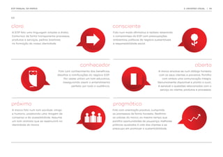 EDP MANUAL DA MARCA                                                                                                                  3. UNIVERSO VISUAL   | 34




3.3.




claro                                                                         consciente
A EDP fala uma linguagem simples e direta.                                    Fala num modo afirmativo e realista reiterando
Comunica de forma transparente processos,                                     o compromisso da EDP com preocupações
produtos e serviços, pedras basilares                                         ambientais, políticas de negócio sustentáveis
na formação da nossa identidade.                                              e responsabilidade social.




                                                    conhecedor                                                                                aberto
                                   Fala com conhecimento dos benefícios,                                          A marca envolve-se num diálogo honesto
                                   desafios e ramificações do negócio EDP.                                        com os seus clientes e parceiros. Partilha
                                        Por vezes utiliza um tom educativo,                                          com ambos uma comunicação íntegra.
                                        assegurando assim o entendimento                                         Genuinamente disponível e pronta a ouvir,
                                             perfeito por toda a audiência.                                       é sensível a questões relacionadas com o
                                                                                                                   serviço ao cliente, produtos e processos.




próximo                                                                       pragmático
A marca fala num tom sociável, amigo                                          Fala com orientação proativa, cumprindo
e humano, projetando uma imagem de                                            as promessas de forma honesta. Reafirma
consenso e de acessibilidade. Assume                                          os valores da marca, ao mesmo tempo que
um tom otimista que se repercutirá na                                         partilha oportunidades de poupança, melhores
identidade da marca.                                                          práticas ajustadas à vida dos clientes e se
                                                                              preocupa em promover a sustentabilidade.
 