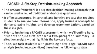 PACADI: A Six-Step Decision-Making Approach
• The PACADI framework is a six-step decision-making approach that
can be used in lieu of traditional end-of-case questions.
• It offers a structured, integrated, and iterative process that requires
students to analyze case information, apply business concepts to
derive valuable insights, and develop recommendations based on
these insights.
• Prior to beginning a PACADI assessment, which we’ll outline here,
students should first prepare a two-paragraph summary—a
situation analysis—that highlights the key case facts.
• Then, we task students with providing a five-page PACADI case
analysis (excluding appendices) based on the following six steps.
 