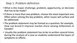 Step 1: Problem definition
• What is the major challenge, problem, opportunity, or decision
that has to be made?
• If there is more than one problem, choose the most important one.
Often when solving the key problem, other issues will surface and
be addressed.
• The problem statement may be framed as a question; for example,
How can brand X improve market share among millennials in
Canada?
• Usually the problem statement has to be re-written several times
during the analysis of a case as students understand the layers of
symptoms or efforts.
 