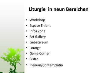 Liturgie  in neun Bereichen Workshop Espace Enfant Infos Zone Art Gallery Gebetsraum Lounge Game Corner Bistro Plenum/Contemplatio   