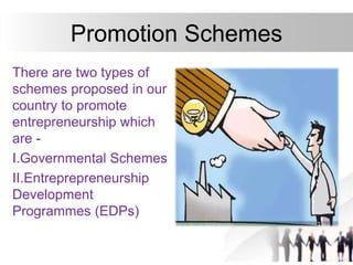 Promotion Schemes
There are two types of
schemes proposed in our
country to promote
entrepreneurship which
are -
I.Governmental Schemes
II.Entreprepreneurship
Development
Programmes (EDPs)
 