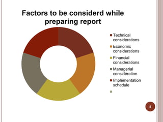 Factors to be considerd while
preparing report
Technical
considerations
Economic
considerations
Financial
considerations
Managerial
consideration
Implementation
schedule
8
 